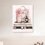 Glasbild LV tasche auf einem stapel bücher goldfolie 60x80 cm