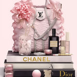 Glasbild LV tasche auf einem stapel bücher goldfolie 60x80 cm