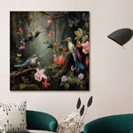 Glasbilder kolibrivögel umringt von Blumen 80x80 cm