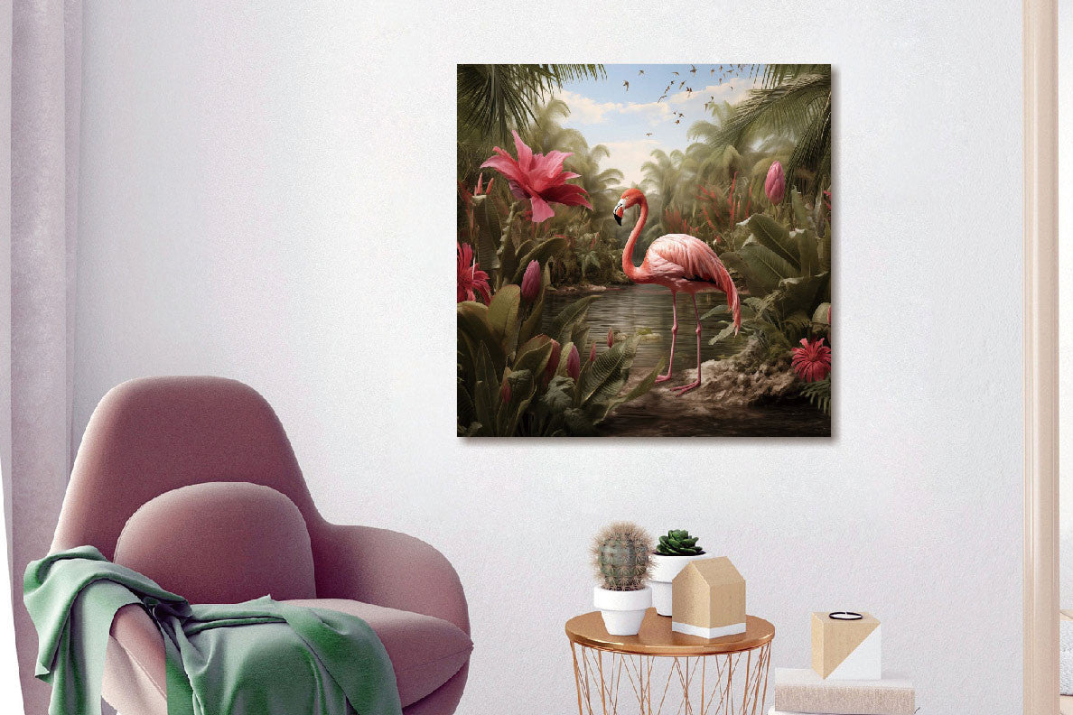 Glasbilder flamingo im Dschungel 80x80 cm