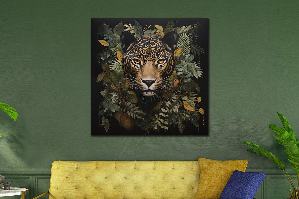Glasbilder panther umringt von Blumen 80x80 cm