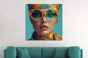 Glasbilder Frau sonnenbrille, farbenfroh 80x80 cm