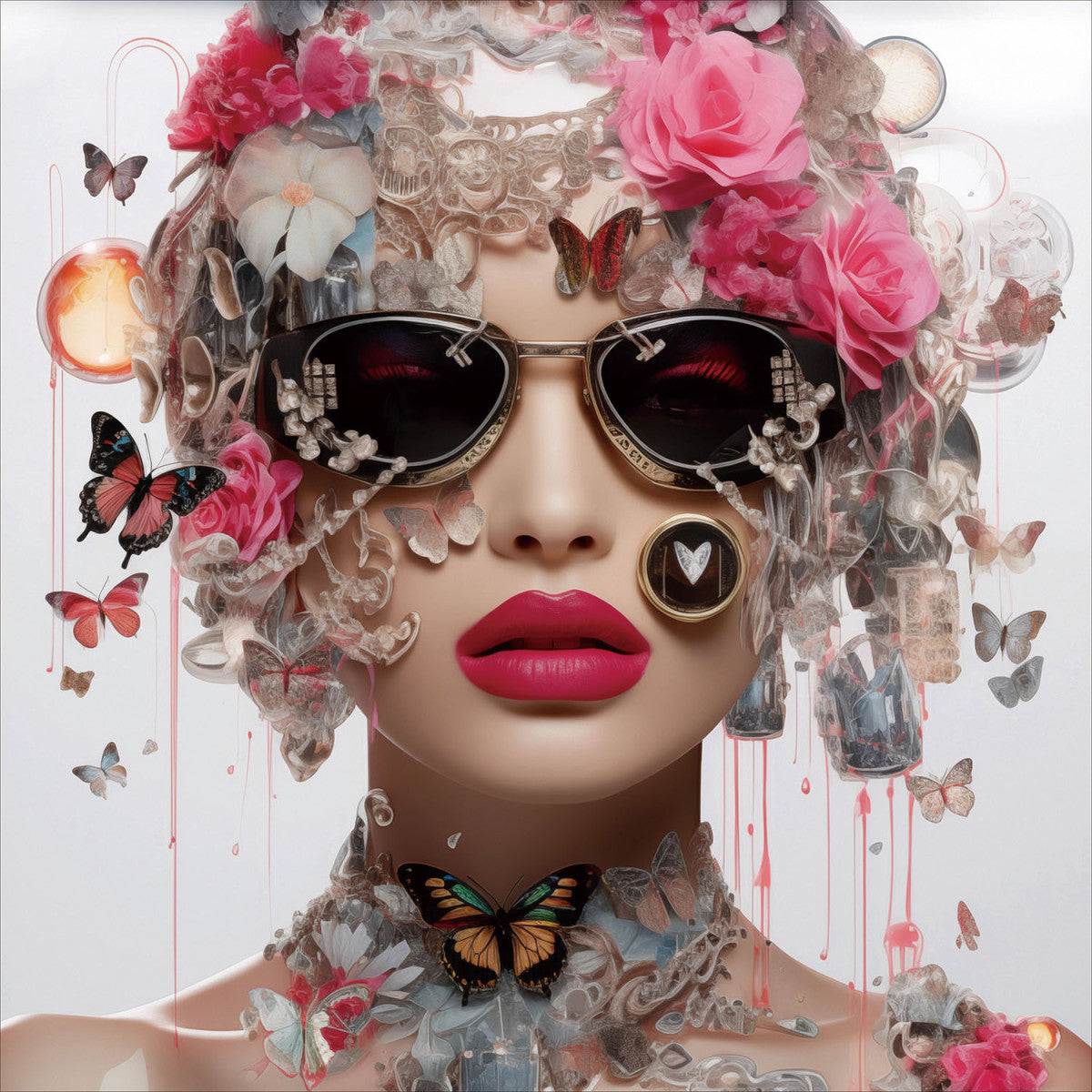 Glasbilder Frau mit rosa Blumen und Schmetterlingen 80x80 cm
