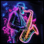 Glasbild mit LED-Beleuchtung – Saxofonist rosa LED 80x80 cm