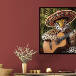 Glasbild mit LED-Beleuchtung – Panther mit gitarre 80x80 cm