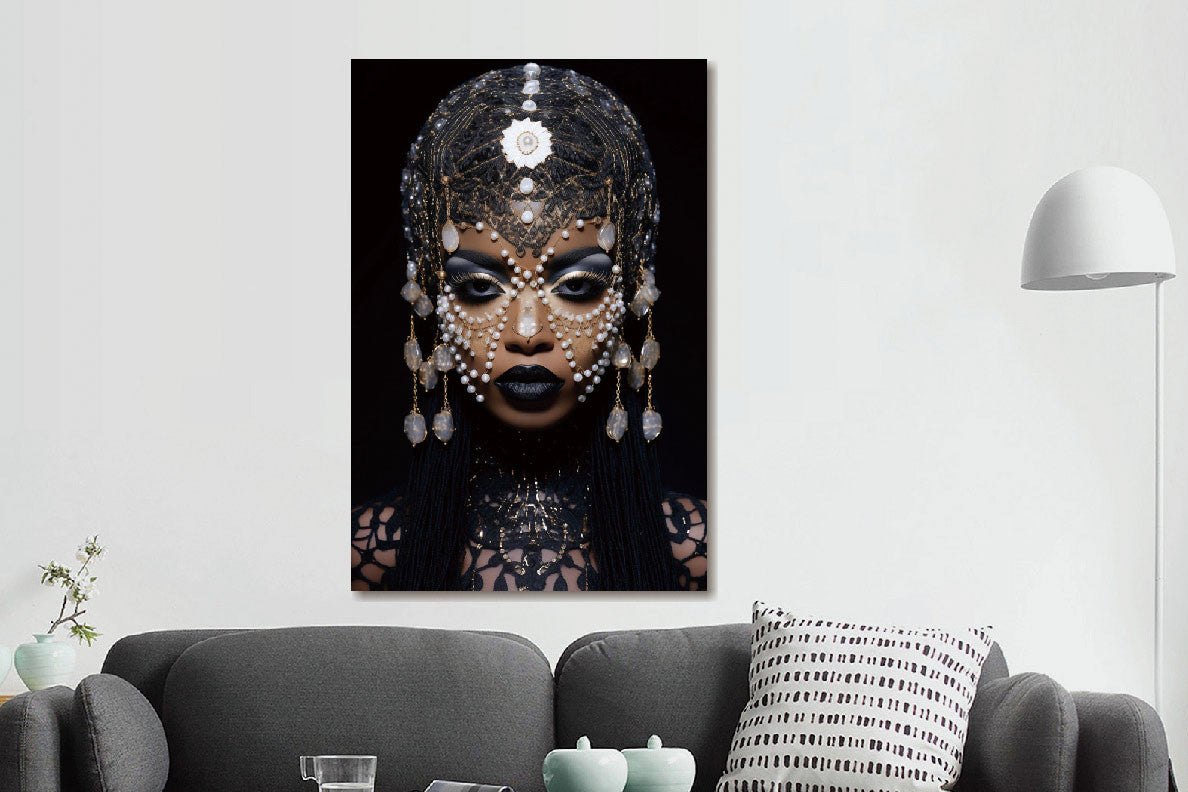 Glasbilder Frau mit blau-weißen schmuck 80x120 cm