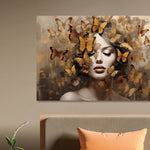 Glasbilder Frau mit goldenen schmetterlingen 120x80 cm