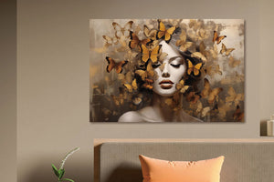 Glasbilder Frau mit goldenen schmetterlingen 120x80 cm