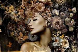 Glasbilder Frau umgeben von Blumen und Schmetterlingen 120x80 cm