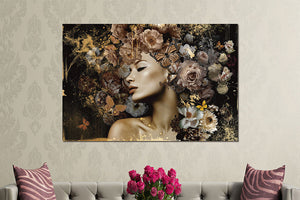 Glasbilder Frau umgeben von Blumen und Schmetterlingen 120x80 cm