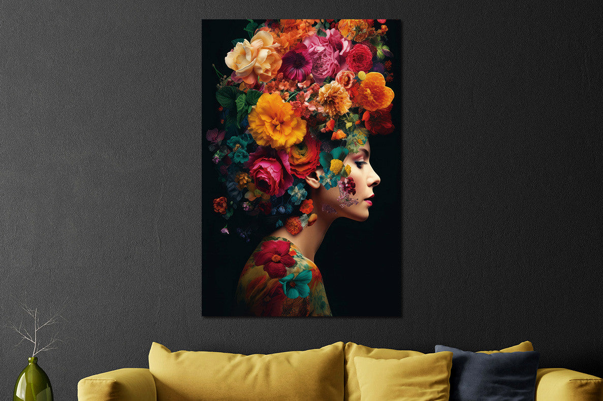 Glasbilder Frau mit bunten blumen 80x120 cm