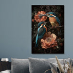 Glasbild Zwei Eisvögel und Blumen 80x120 cm