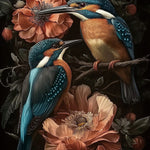 Glasbild Zwei Eisvögel und Blumen 80x120 cm