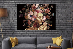 Glasbilder goldene Frau mit blumen 120x80 cm