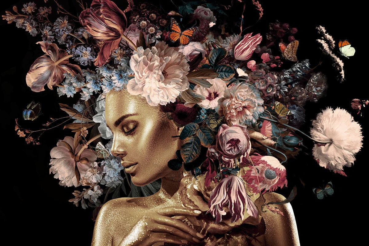Glasbilder goldene frau Blumen und Schmetterlingen 120x80 cm
