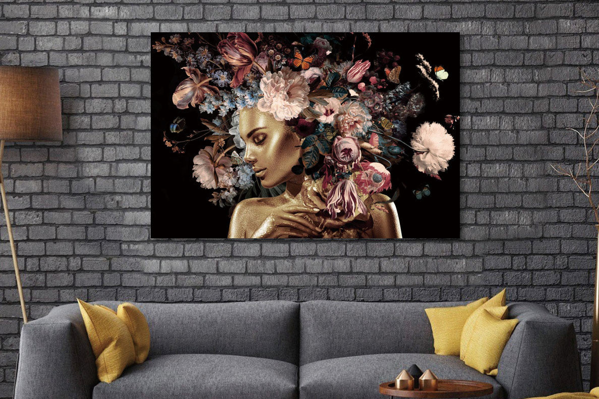 Glasbilder goldene frau Blumen und Schmetterlingen 120x80 cm