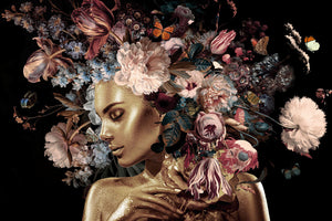Glasbilder goldene frau Blumen und Schmetterlingen 120x80 cm