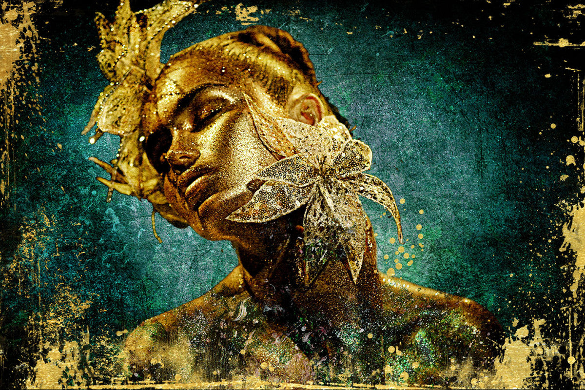 Glasbilder goldgeschminkte Frau mit blume 120x80 cm