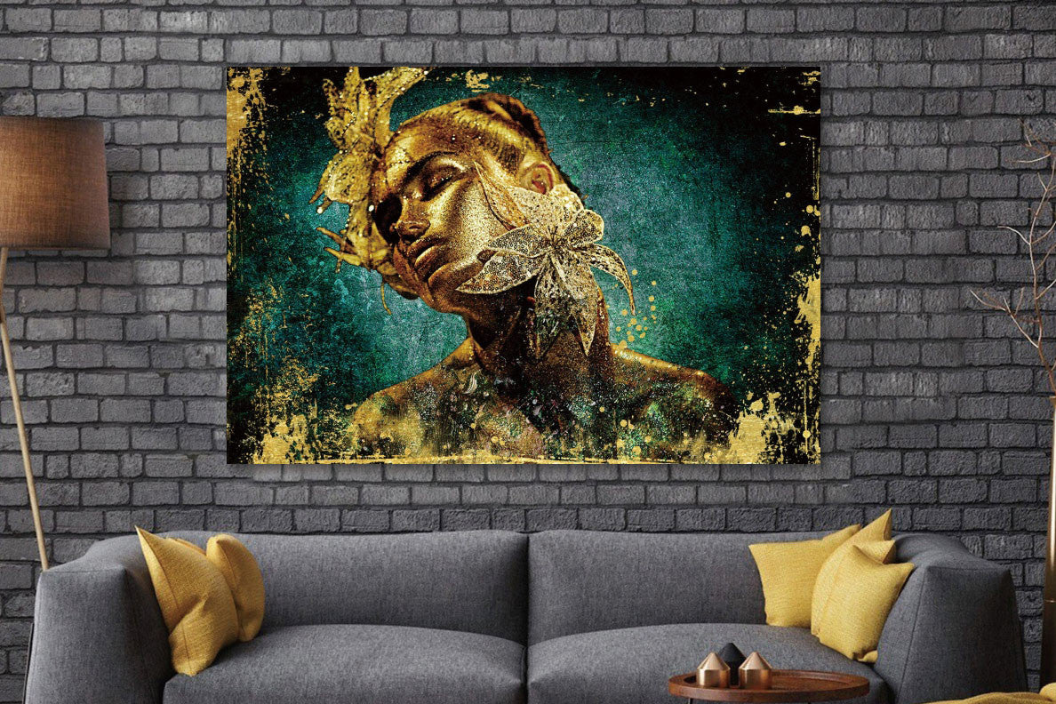 Glasbilder goldgeschminkte Frau mit blume 120x80 cm