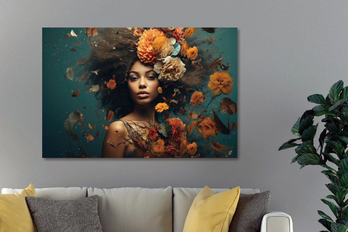 Glasbilder Frau umgeben von orangefarbenen blumen 120x80 cm