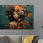 Glasbilder Frau umgeben von orangefarbenen blumen 120x80 cm