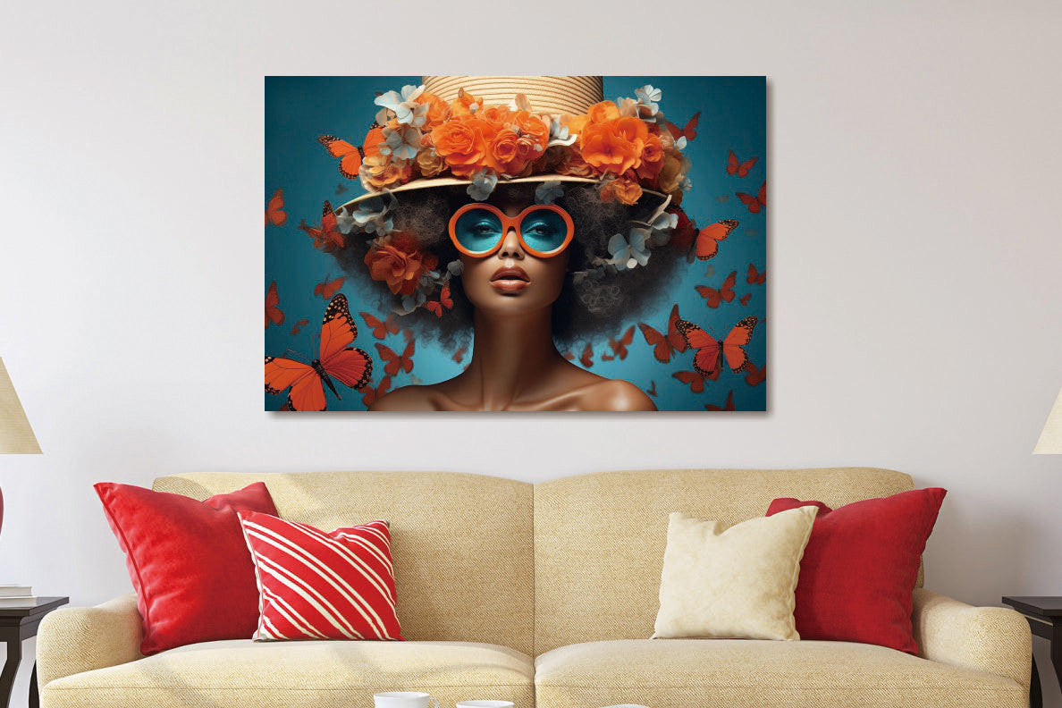 Glasbilder Frau umgeben von orangefarbenen blumen und einem Schmetterlinge" 120x80 cm