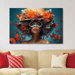 Glasbilder Frau umgeben von orangefarbenen blumen und einem Schmetterlinge" 120x80 cm