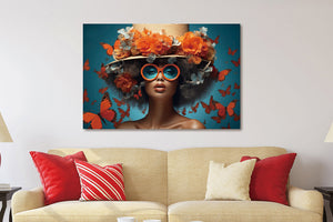 Glasbilder Frau umgeben von orangefarbenen blumen und einem Schmetterlinge" 120x80 cm