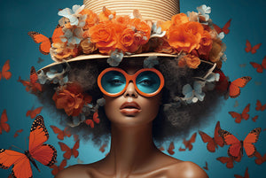 Glasbilder Frau umgeben von orangefarbenen blumen und einem Schmetterlinge" 120x80 cm