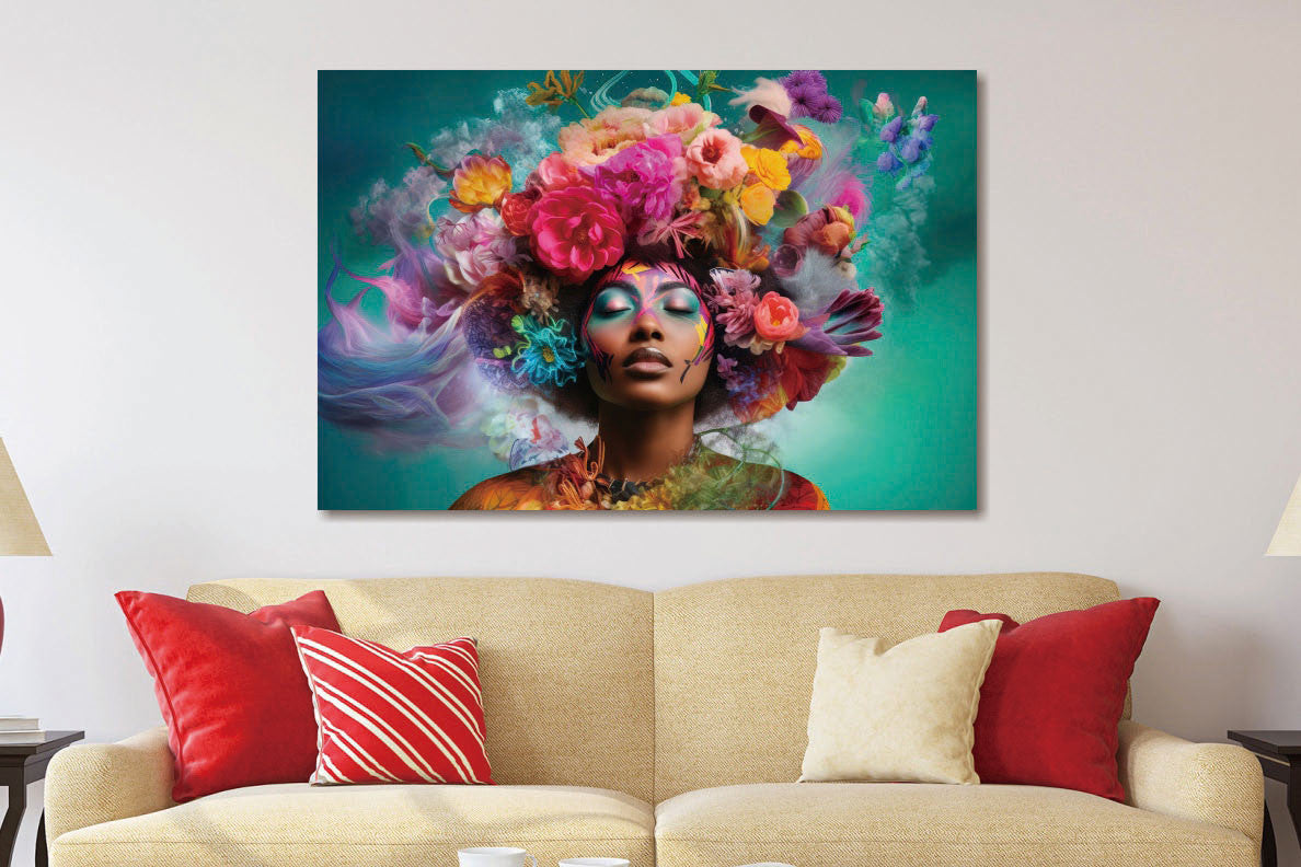 Glasbilder Frau umgeben von blumen und kräftigen farben mit 3D-Relief 120x80 cm