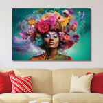 Glasbilder Frau umgeben von blumen und kräftigen farben mit 3D-Relief 120x80 cm