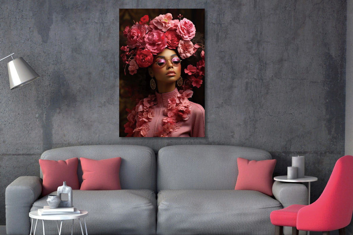 Glasbilder Frau in rosa outfit und rosa blumen 3D-Relief 120x80 cm