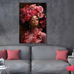 Glasbilder Frau in rosa outfit und rosa blumen 3D-Relief 120x80 cm