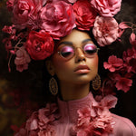 Glasbilder Frau in rosa outfit und rosa blumen 3D-Relief 120x80 cm