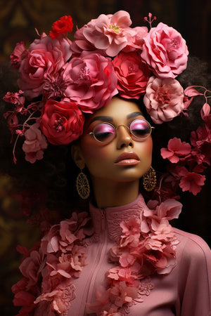 Glasbilder Frau in rosa outfit und rosa blumen 3D-Relief 120x80 cm