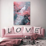 Glasbild weißer pfau in rosa bäumen mit 3D-Relief 80x120 cm