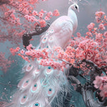 Glasbild weißer pfau in rosa bäumen mit 3D-Relief 80x120 cm