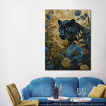 Glasbild blauer panther zwischen blumen 3D-Relief 80x120 cm