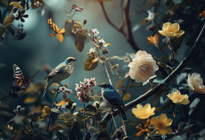 Glasbilder Vögel, Blumen und Schmetterlinge 120x80 cm