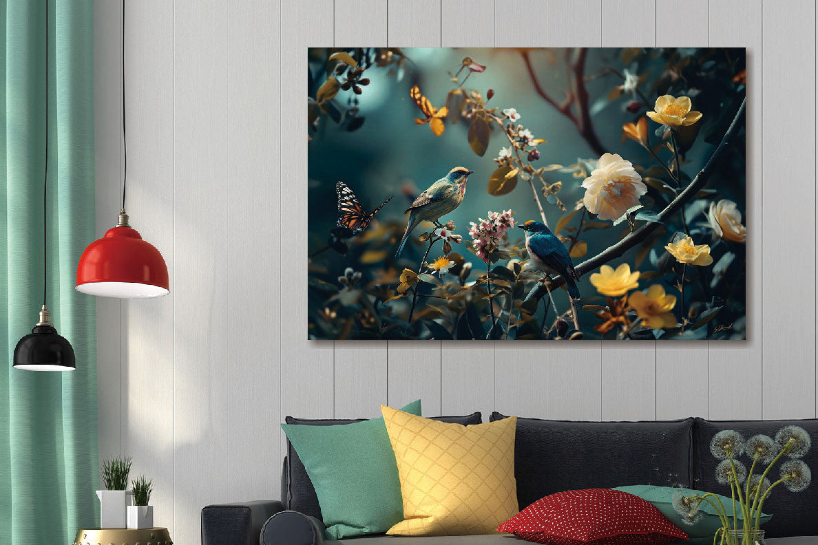 Glasbilder Vögel, Blumen und Schmetterlinge 120x80 cm