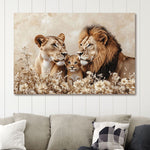 Glasbild Löwenfamilie mit 1 Jungtier 120x80 cm