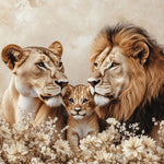 Glasbild Löwenfamilie mit 1 Jungtier 120x80 cm