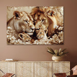 Glasbild Löwenfamilie mit 2 Jungtieren 120x80 cm